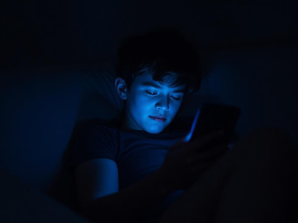 A person scrolling on a smartphone late at night, lit by the screen